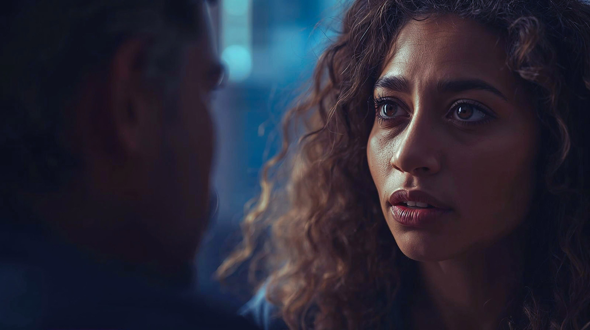 a young wwoman looking at her partner with worry