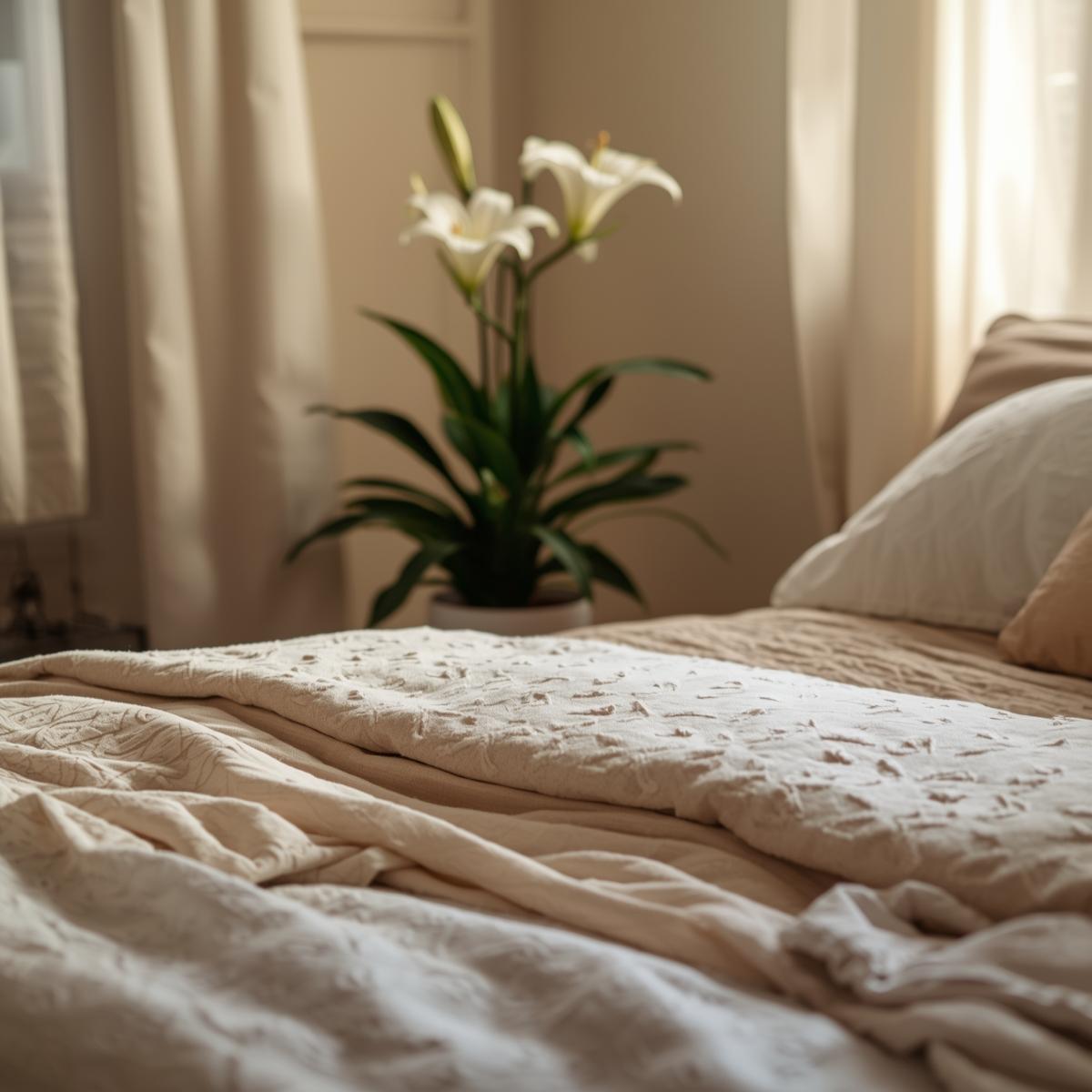 closeup of a bedroom in neutral decor with lilies in the background