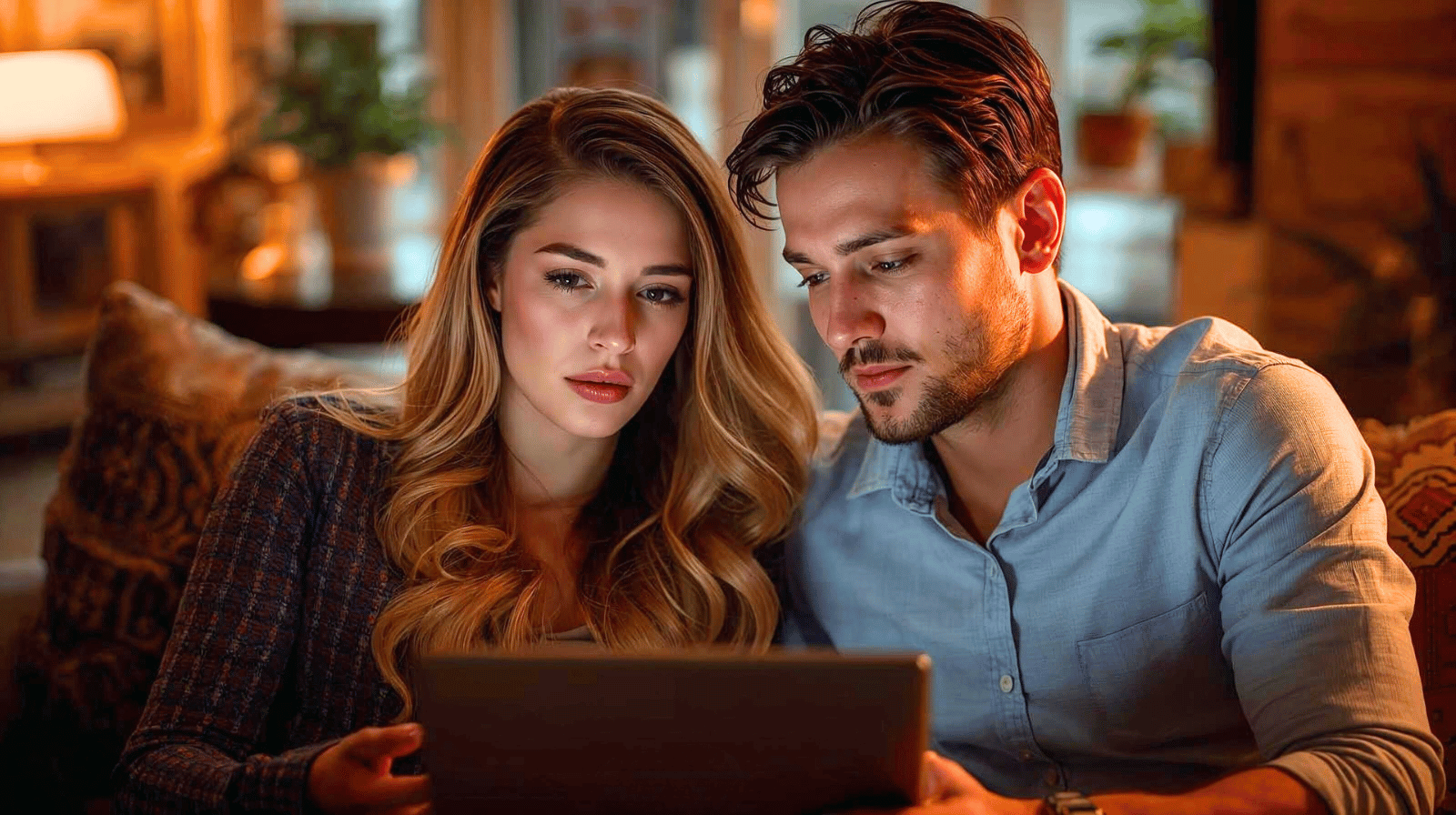 a young couple looking at a tablet